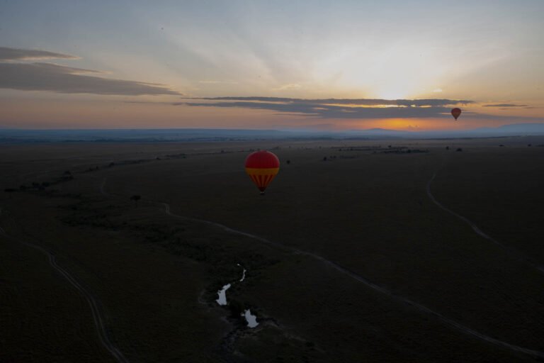 Hot air balloons over Maasai Mara, Kenya, Africa.