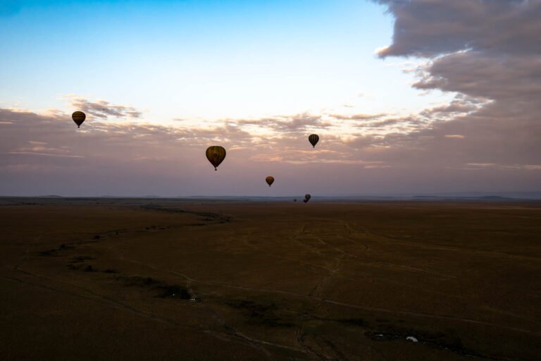 Hot air balloons over Maasai Mara, Kenya, Africa.