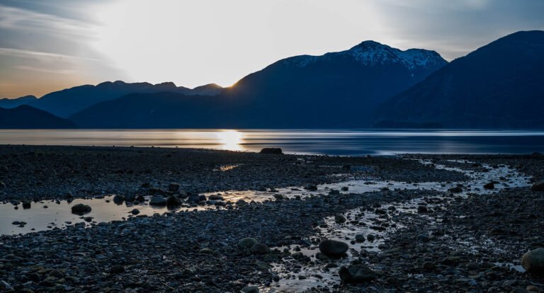 Porteau Cove Pier, Howe Sound and Britannia Mountain Range, British Columbia, Canada.