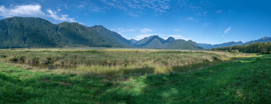Stitched panorama photo of Pitt Lake in British Columbia, Canada.