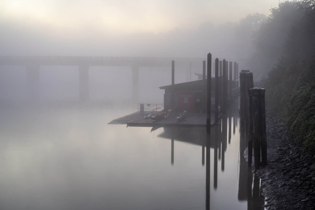 Fort Langley on the Fraser River in the Fog