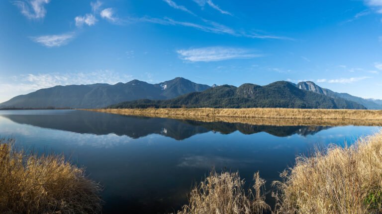 Stitched panorama photo of Pitt Lake in British Columbia, Canada.